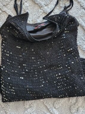 Simon Chang Black Sequin Knit Cowl Tank Sweater